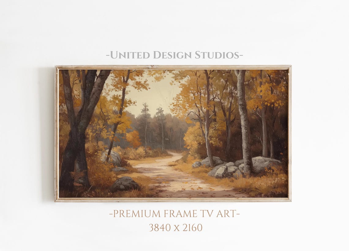 Golden Birch Forest Path Sunlit Autumn Woods Fall Frame TV Art Poster