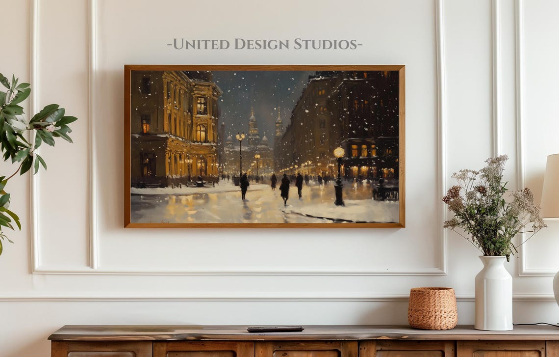 Frame Tv Winter Art Snowy Winter Night Frame Tv Art Moody Neutral Christmas Frame Tv Art Winter City Painting Tv Art - Image 4