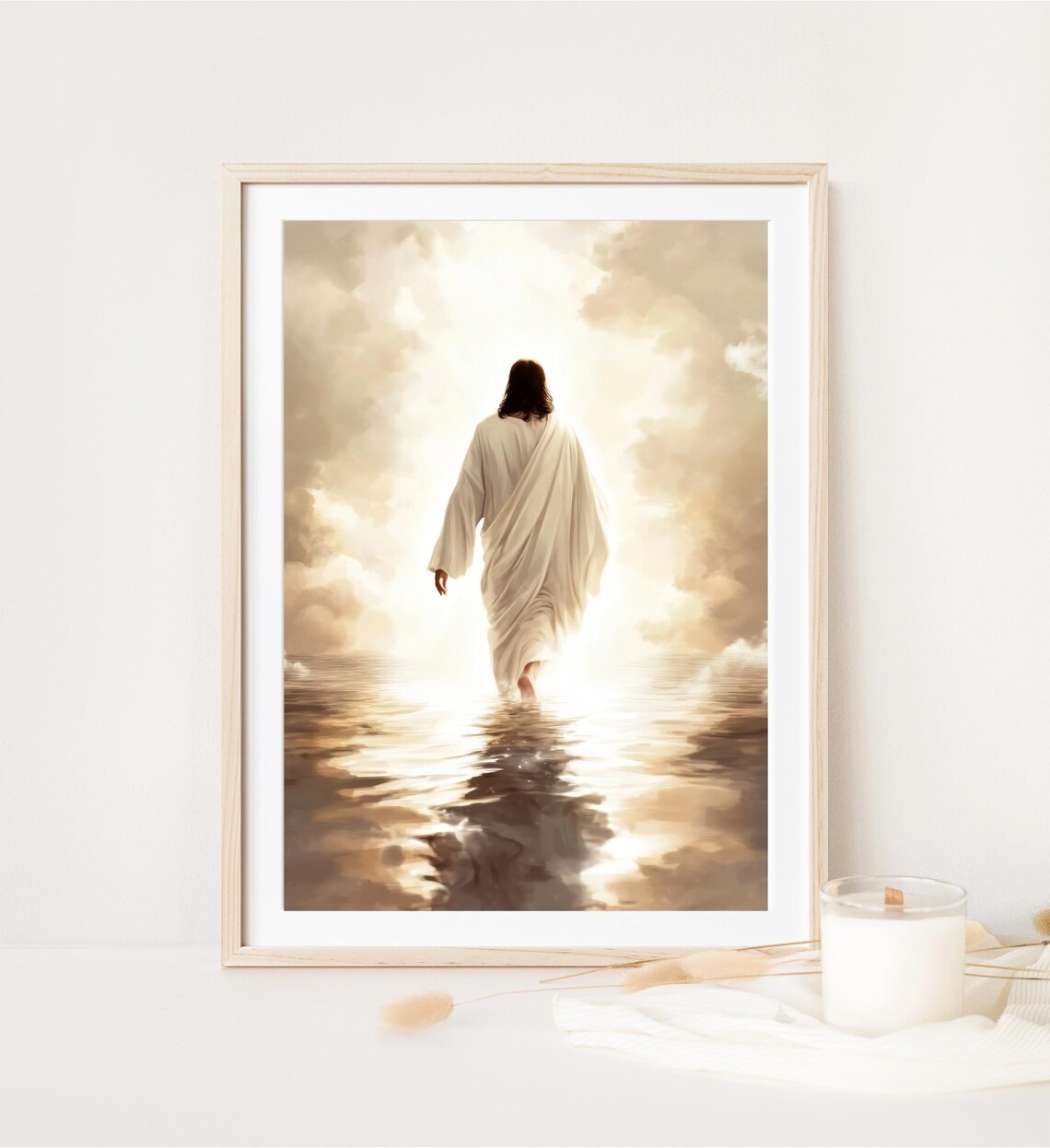 Jesus Walking On Water Golden Heavenly Clouds Glow Christian Art Poster - Image 3