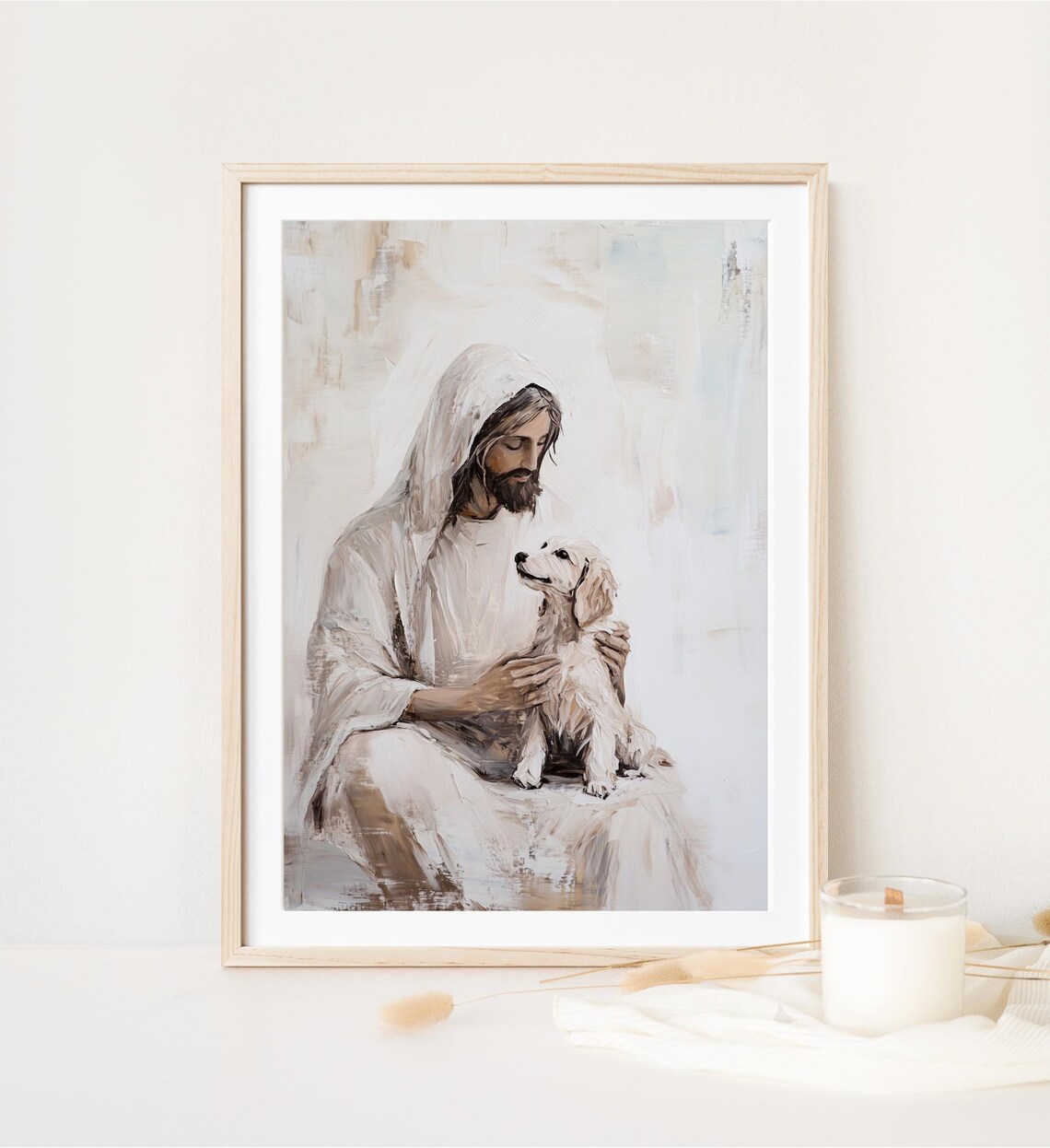 Jesus With White Puppy Neutral Oil Painting Christian Art Poster - Image 4