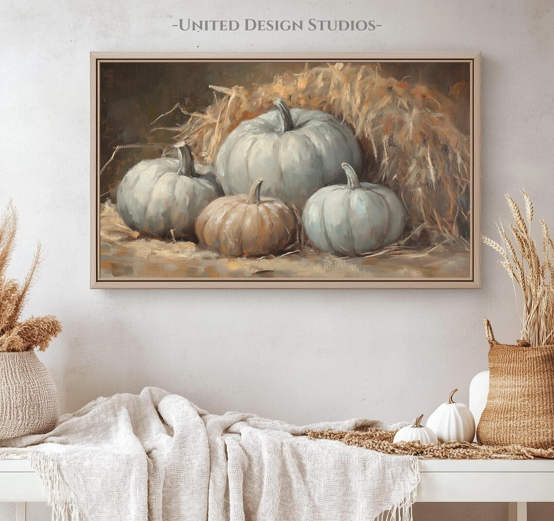 Blue Grey Pumpkins Hay Farmhouse Rustic Fall Still Life Frame TV Art Poster - Image 4