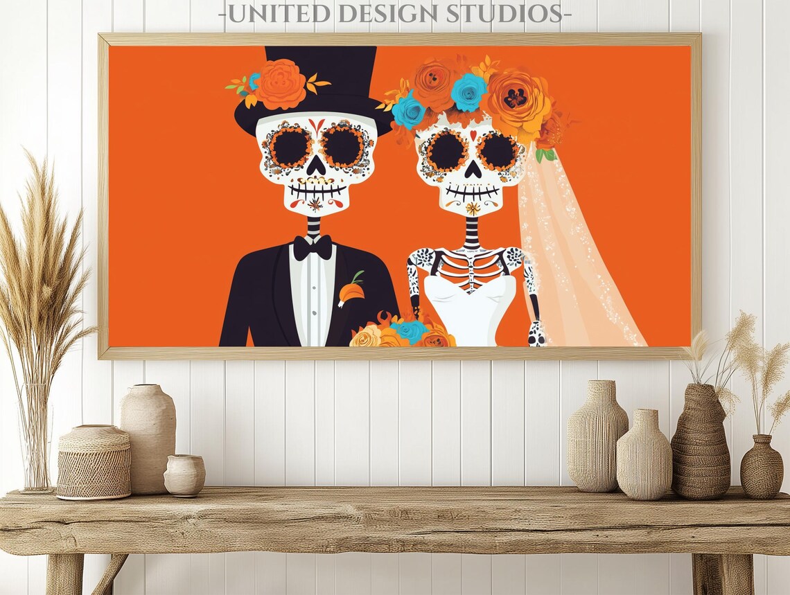Day of the Dead Sugar Skull Bride Groom Couple Orange Folk Art Poster - Image 2