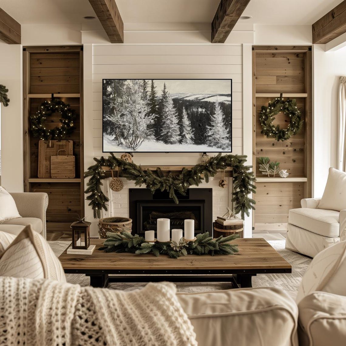 Moody Frosted Forest Winter Landscape Painting Farmhouse Art Print - Image 4