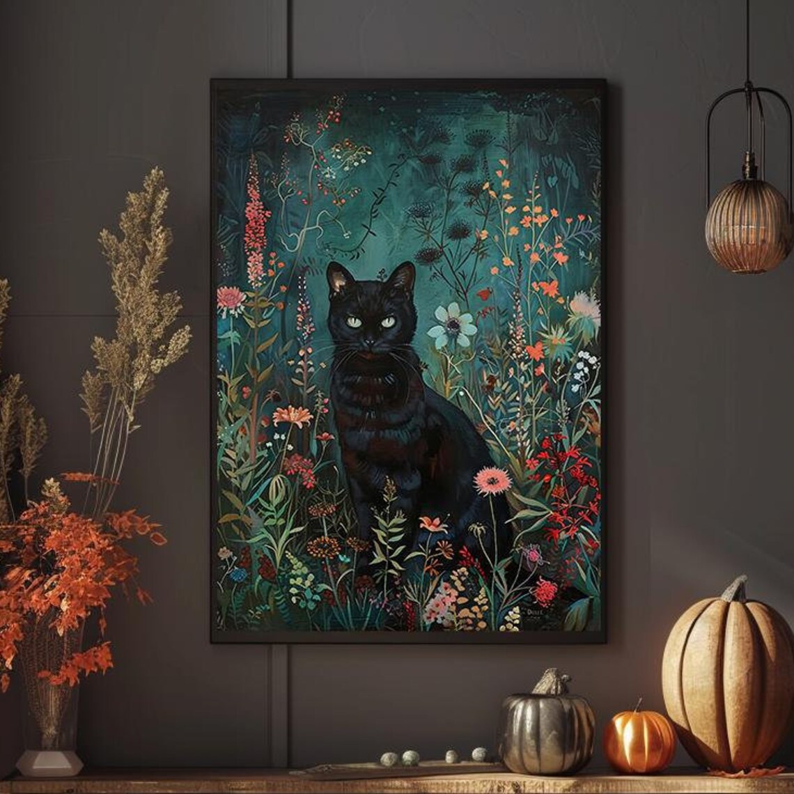 Floral Black Cat Vintage Poster, Gothic Halloween Art - Image 4