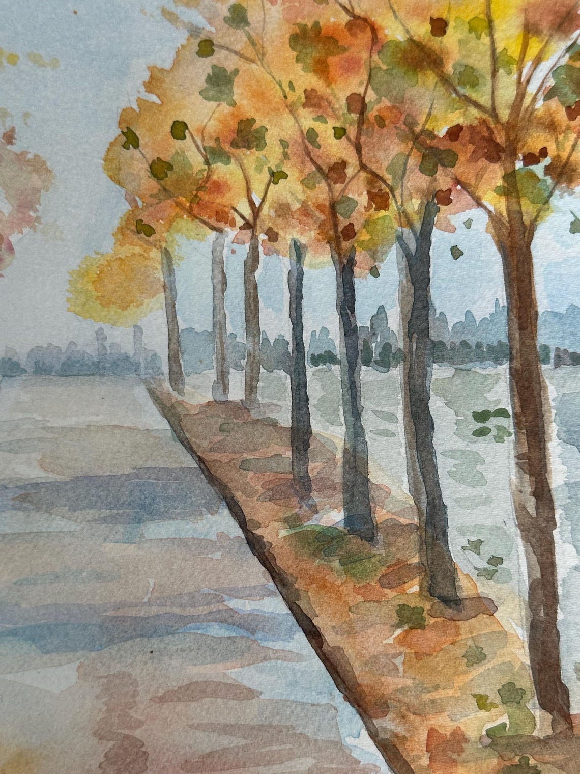 Autumn Tree Lined Path Beside a River Watercolor Landscape Poster - Image 2