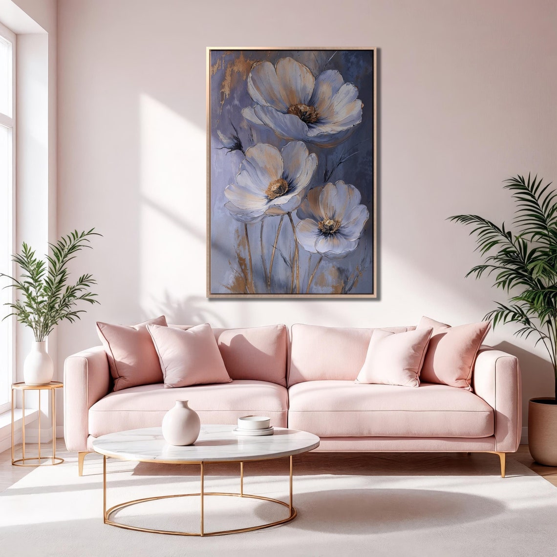 White Wildflower Blooms Blue Background Elegant Botanical Poster