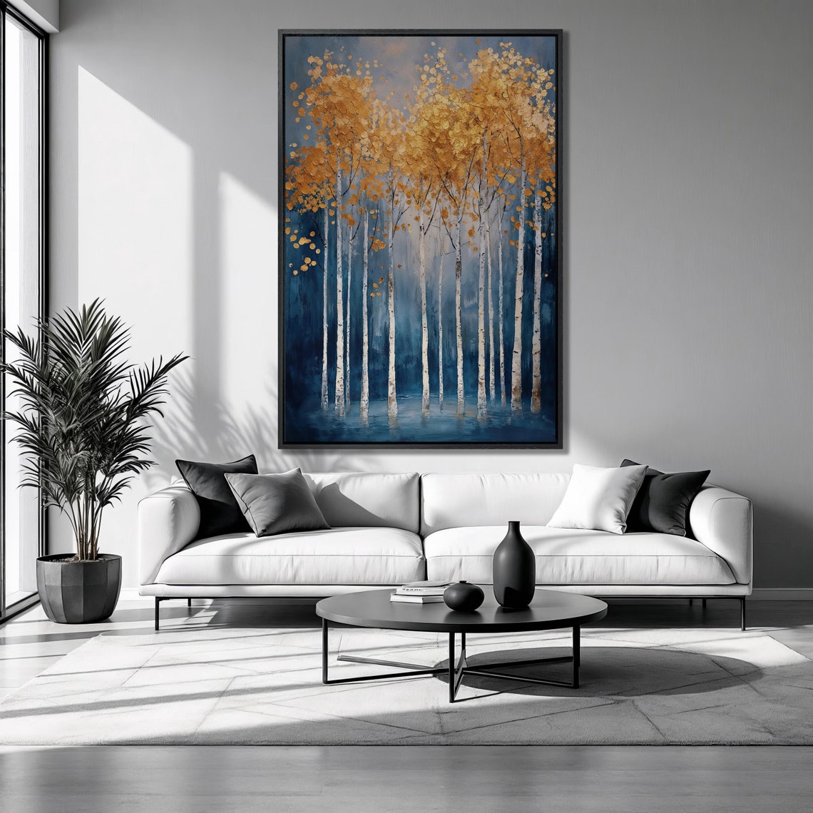 Golden Aspen Birch Trees Blue Background Abstract Forest Art Poster