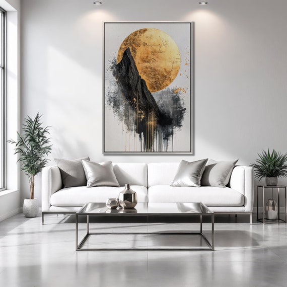 Mystical Black Mountain Framed Print Gold Full Moon Luxury Art Geometric Painting Print Abstract Modern Decor Ready To Hang