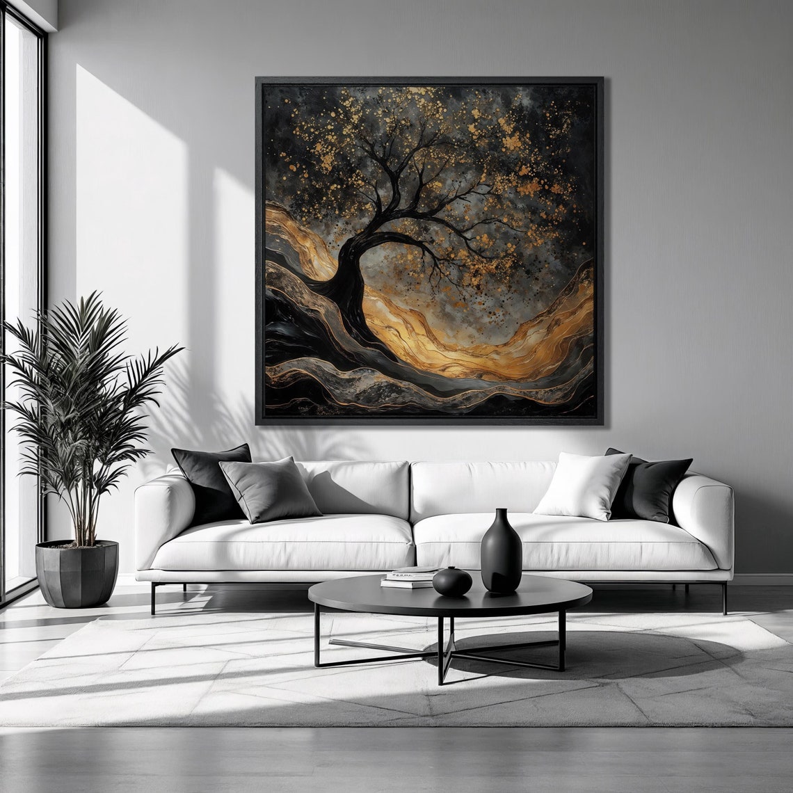 Mystical Black Tree Gold Waves Surreal Landscape Night Art Poster