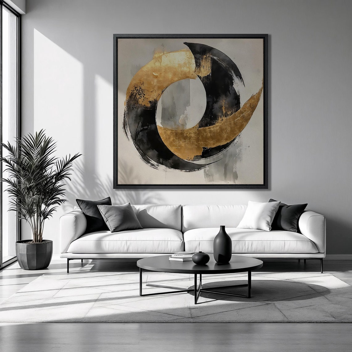 Black Gold Swirl Circle Abstract Brushstroke Beige Modern Art Print