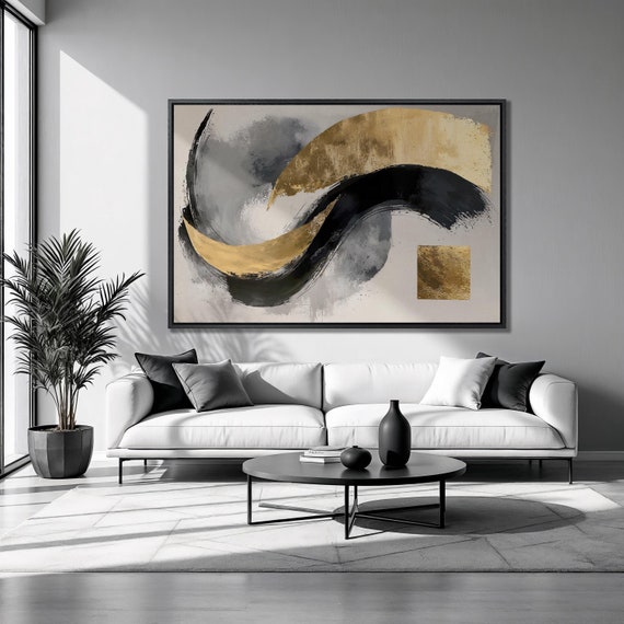 Gold And Black Waves Framed Print Abstract Gray Circle Luxury Art Golden Square Painting Print Geometric Decor Ready To Hang