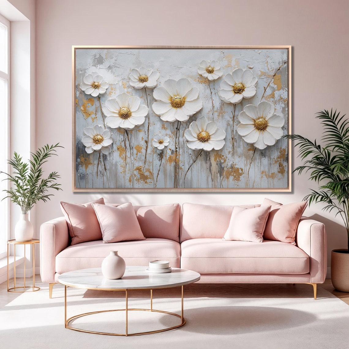 White Gold Floral Large Panoramic Elegant Botanical Wall Art