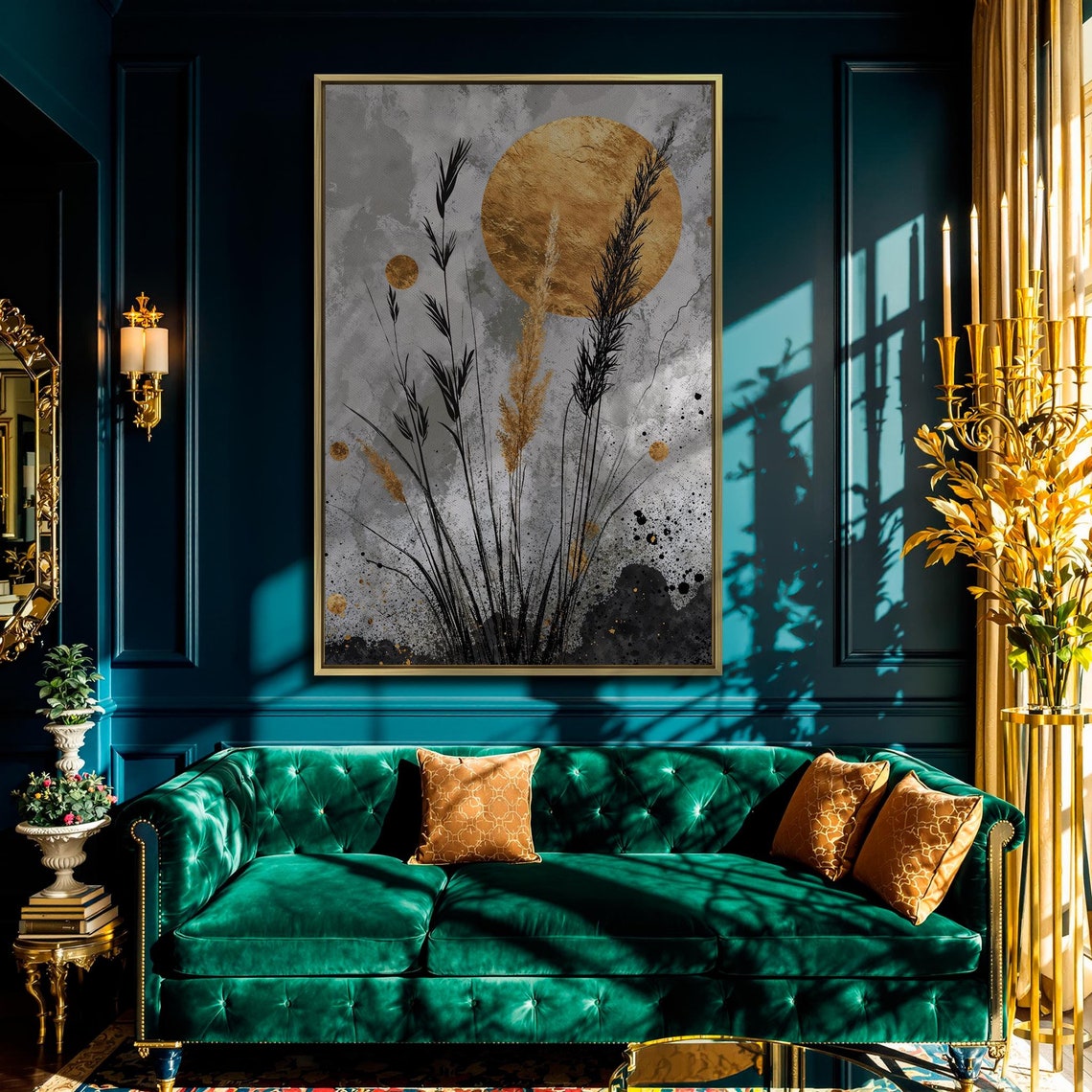 Black Reed Grass Golden Full Moon Grey Ink Botanical Art Print Poster