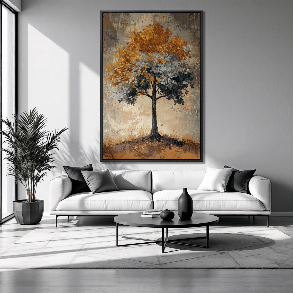 Lone Autumn Tree With Gold And Gray Foliage Textured Rustic Poster