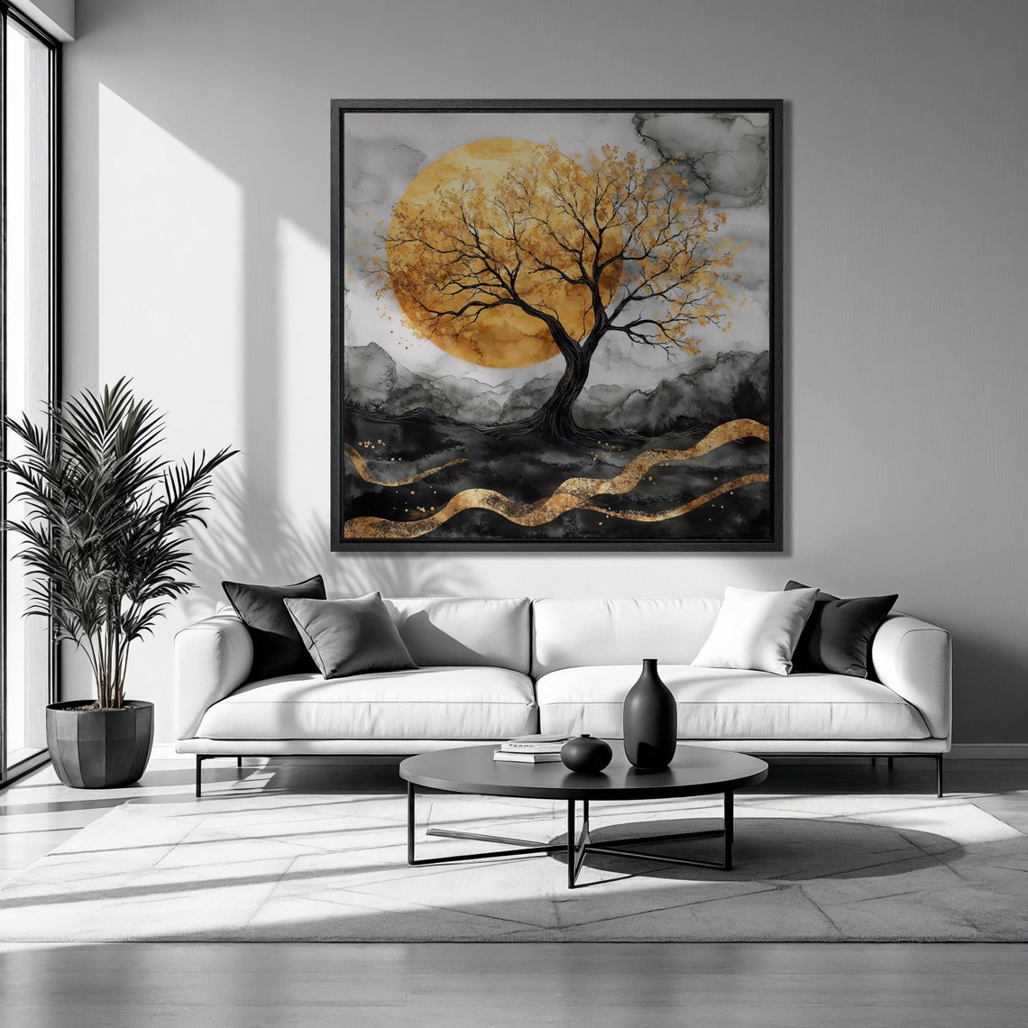 Black Tree Golden Full Moon Winding Gold River Night Square Art Poster