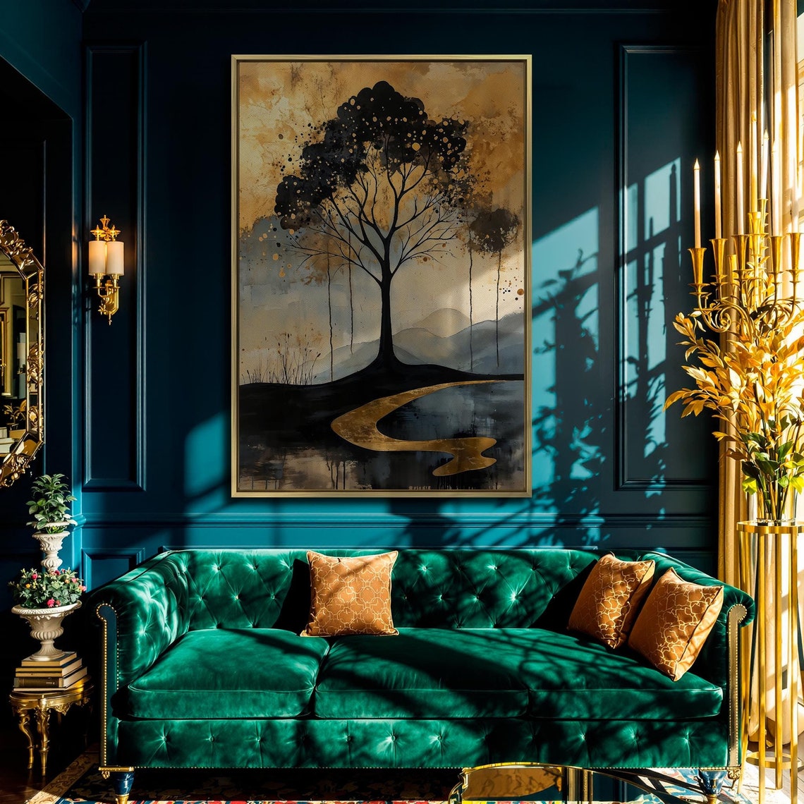Black Tree Of Life Winding Gold River Misty Hills Vertical Art Poster