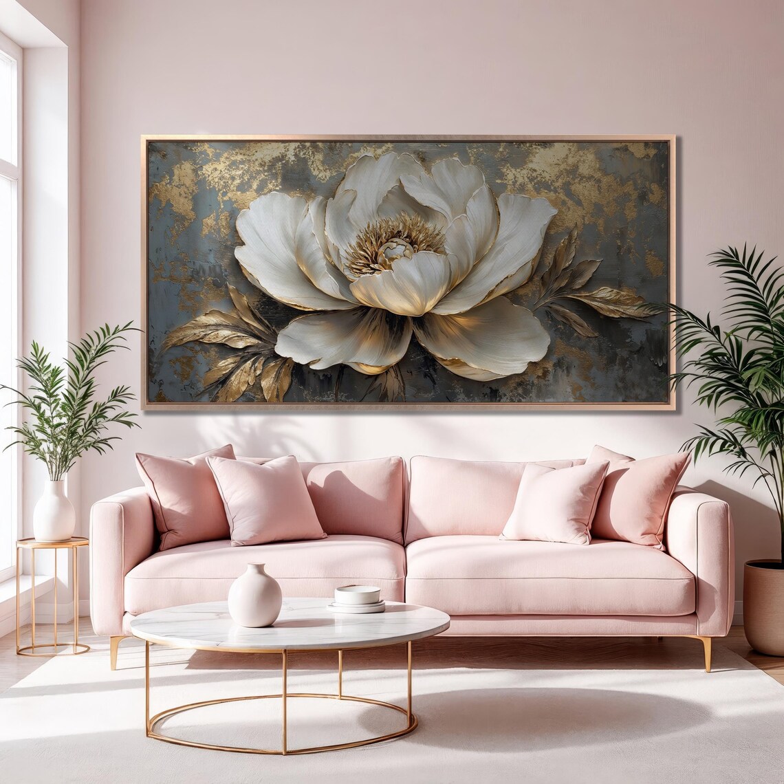 White Peony Gold Leaves Dark Slate Panoramic Luxury Floral Art Poster