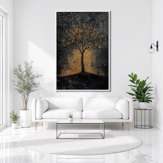 Mystic Golden Leaf Tree Starry Night Black Sky Celestial Nature Art Poster