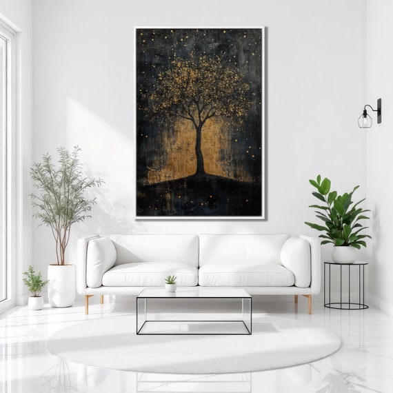 Mystical Starry Night Framed Print Tree Of Life Luxury Art Gothic Nature Landscape Painting Print Stylish Decor Ready To Hang