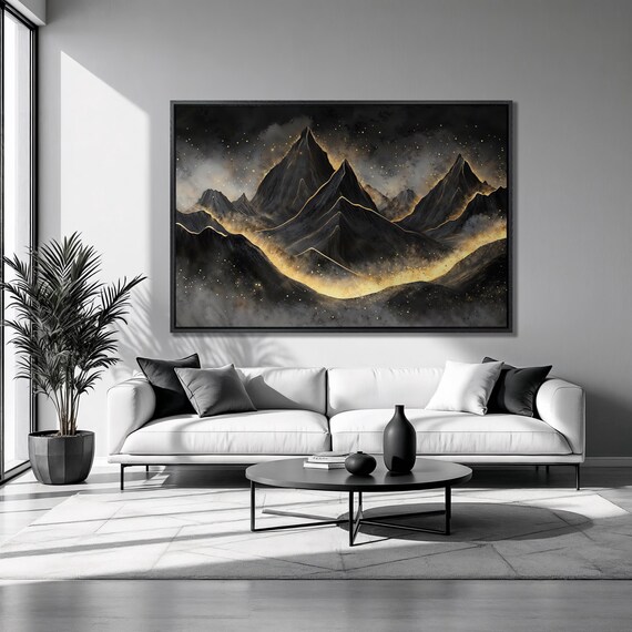 Great Mountains Framed Print Abstract Black And Gold Luxury Art Mystical Landscape Print Enchanted Peaks Decor Ready To Hang