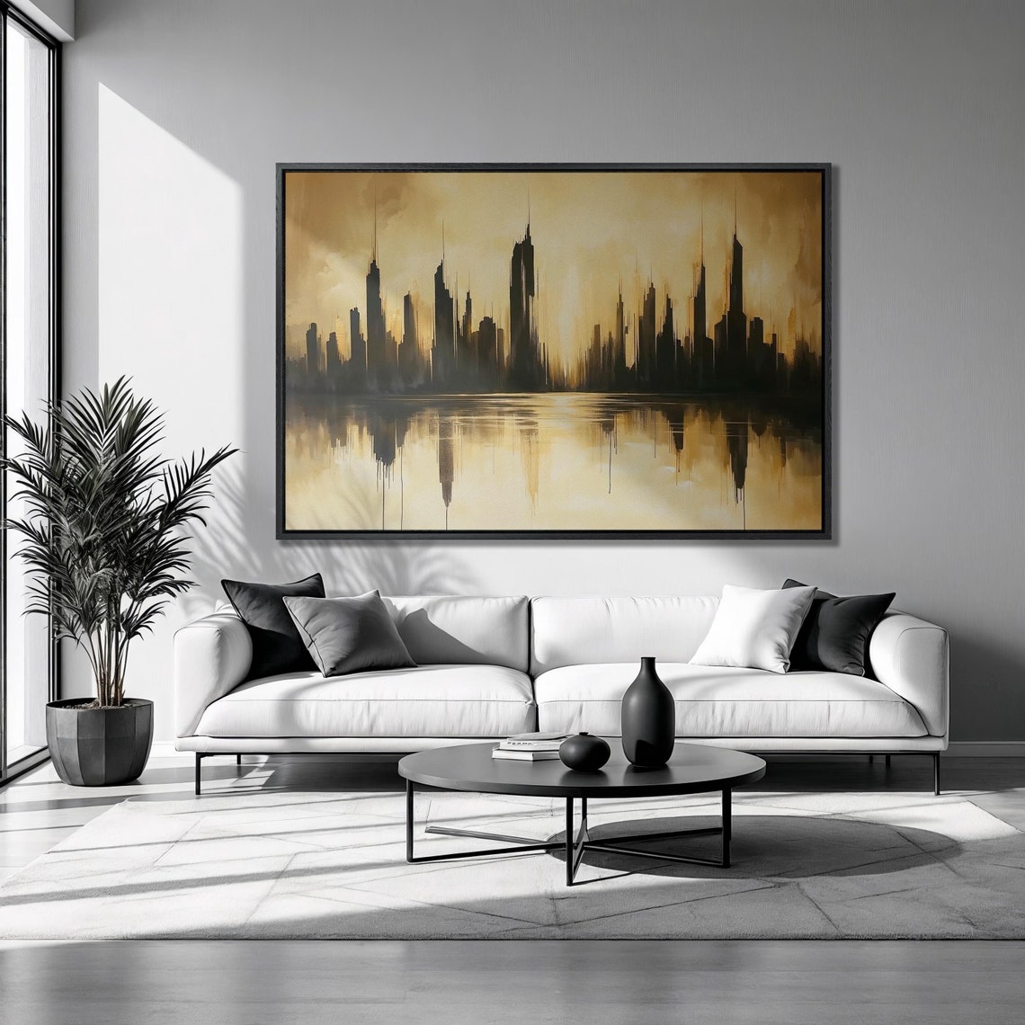 Black City Skyline Silhouette Golden Sky Water Reflection Urban Poster