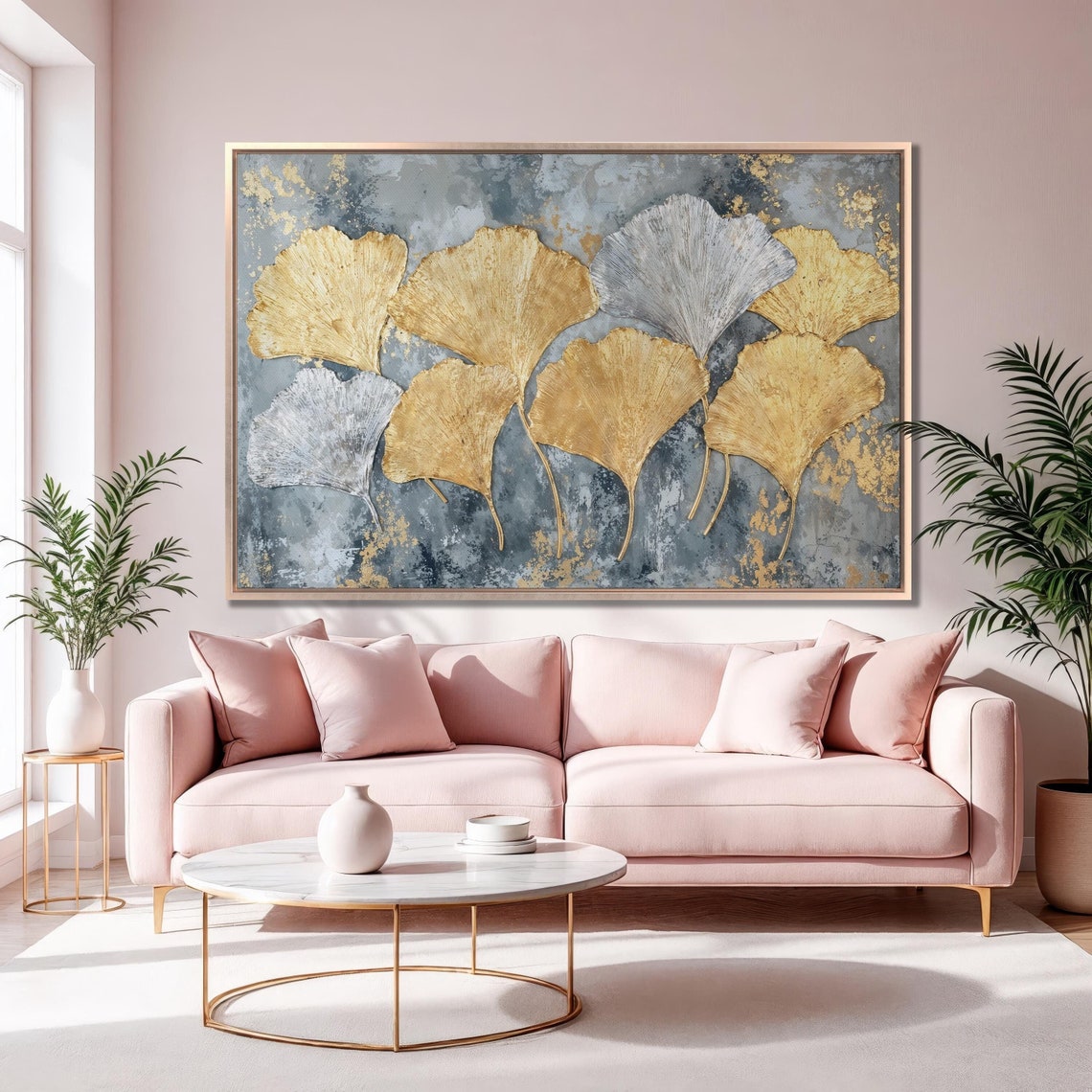Gold Leaf Ginkgo Row Abstract Botanical Blue Gray Textured Wall Poster