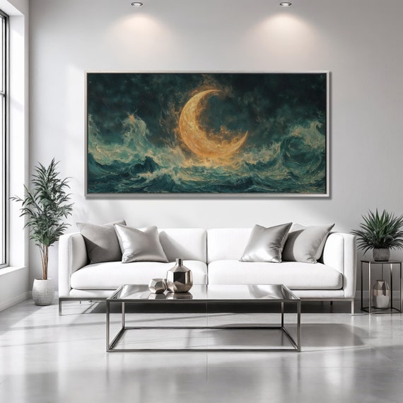 Lunar Seascape Framed Print Gothic Nautical Luxury Art Mystery Crescent Moon Painting Print Dark Ocean Decor Ready To Hang