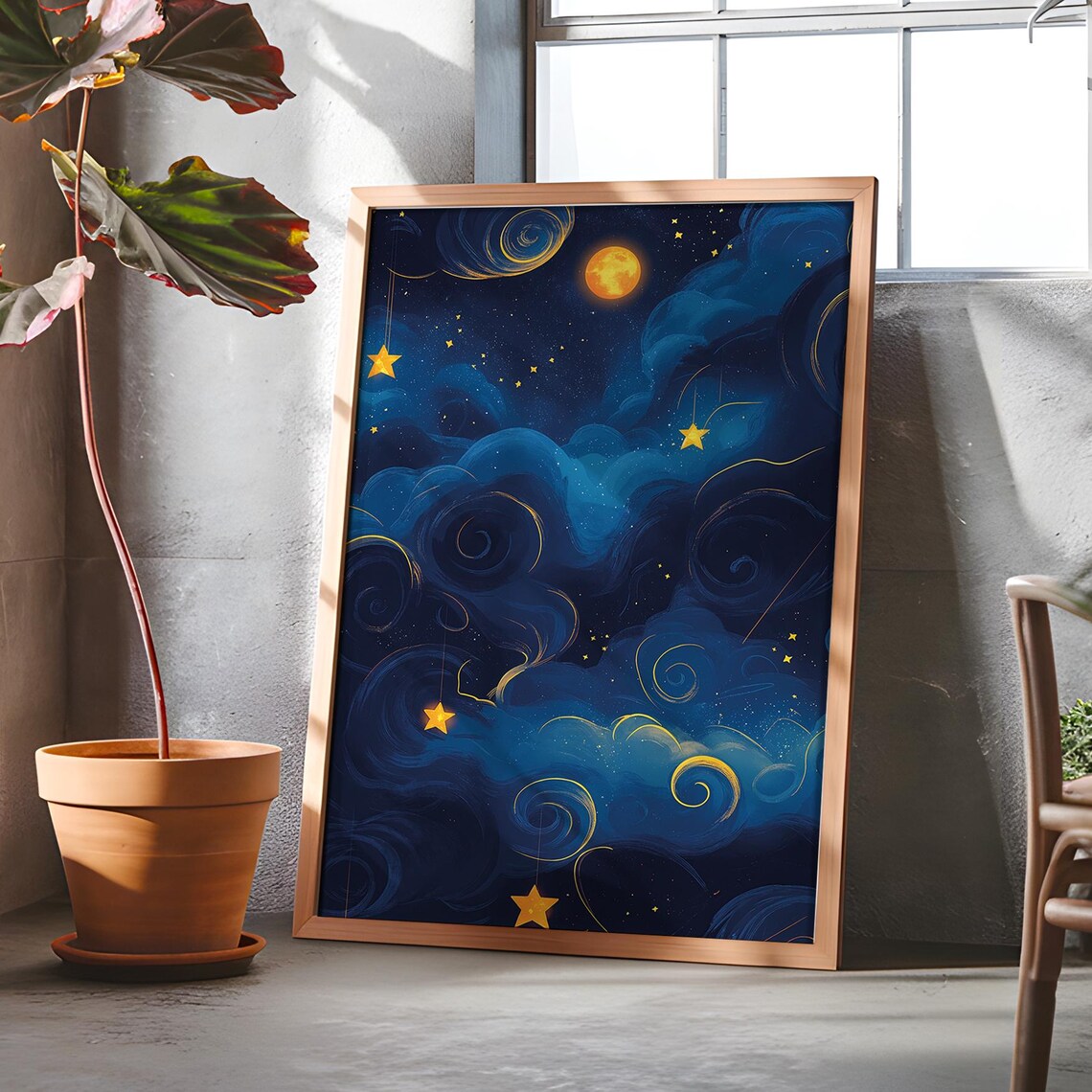 Dreamy Night Sky Hanging Stars Full Moon Whimsical Celestial Poster