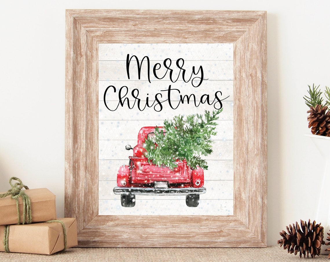 Merry Christmas Red Pickup Truck Tree Watercolor Farmhouse Poster