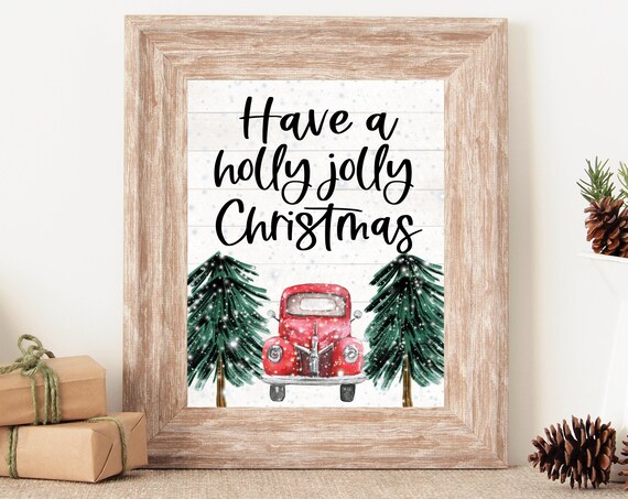 Have A Holly Jolly Christmas Red Truck Snowy Watercolor Poster