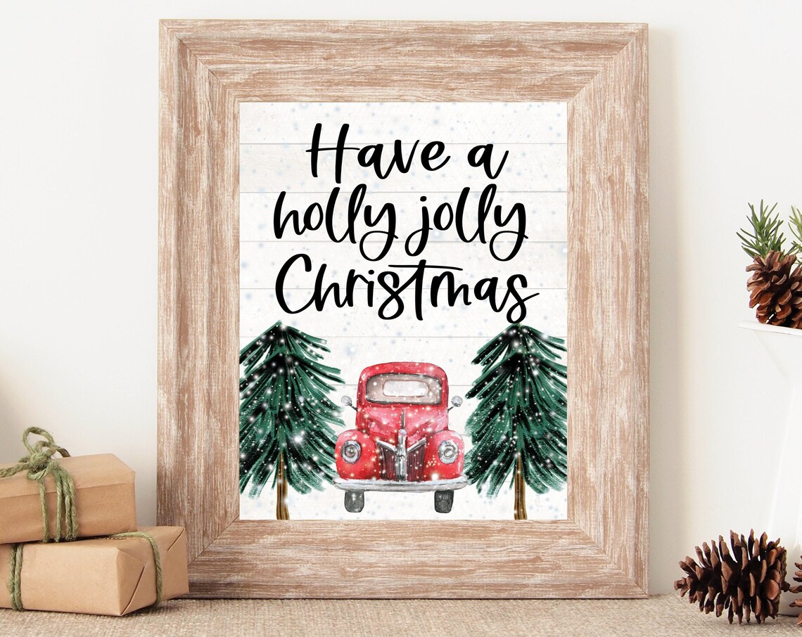 Have A Holly Jolly Christmas Red Truck Snowy Watercolor Poster