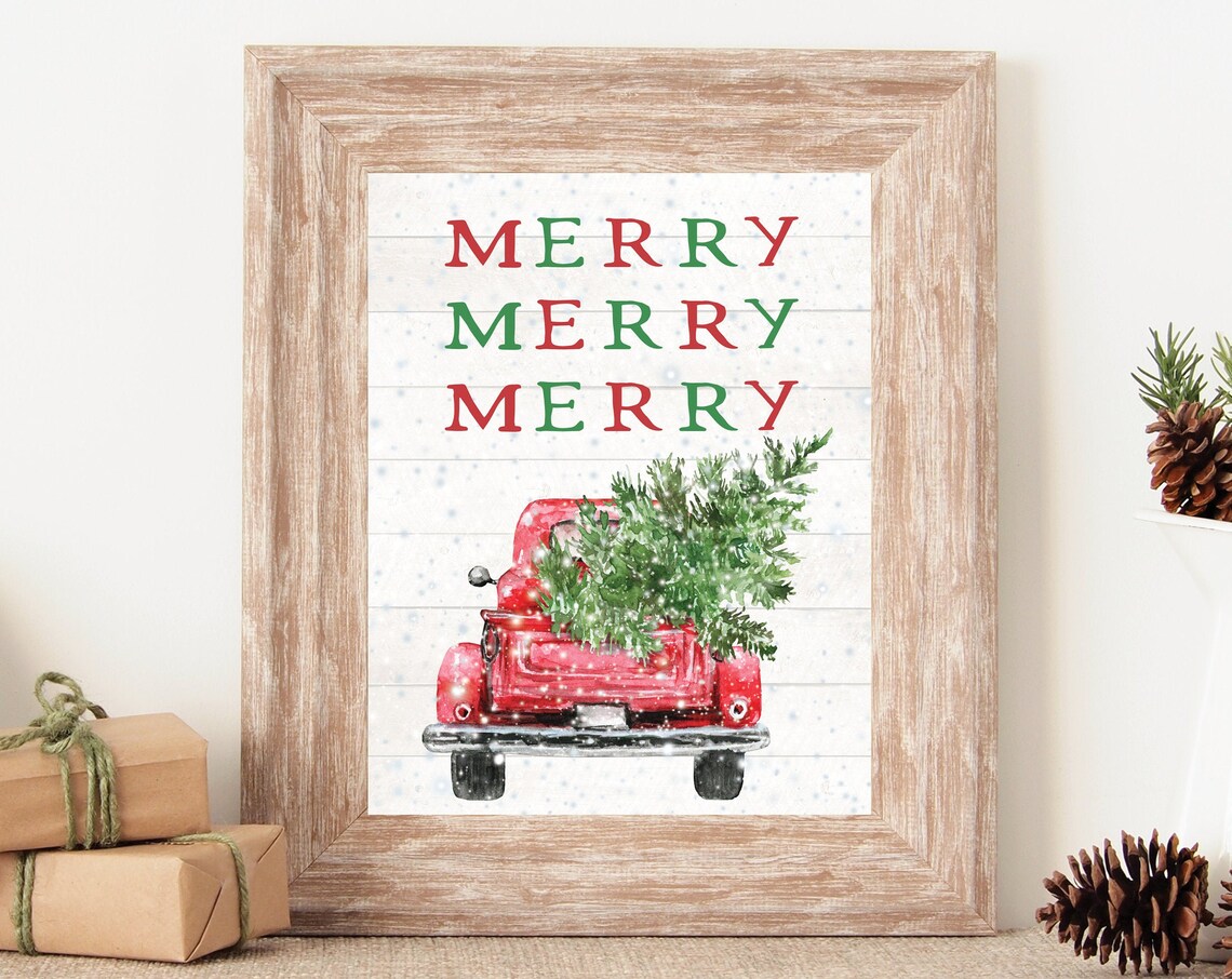 Merry Merry Merry Red Green Letter Christmas Truck Watercolor Poster