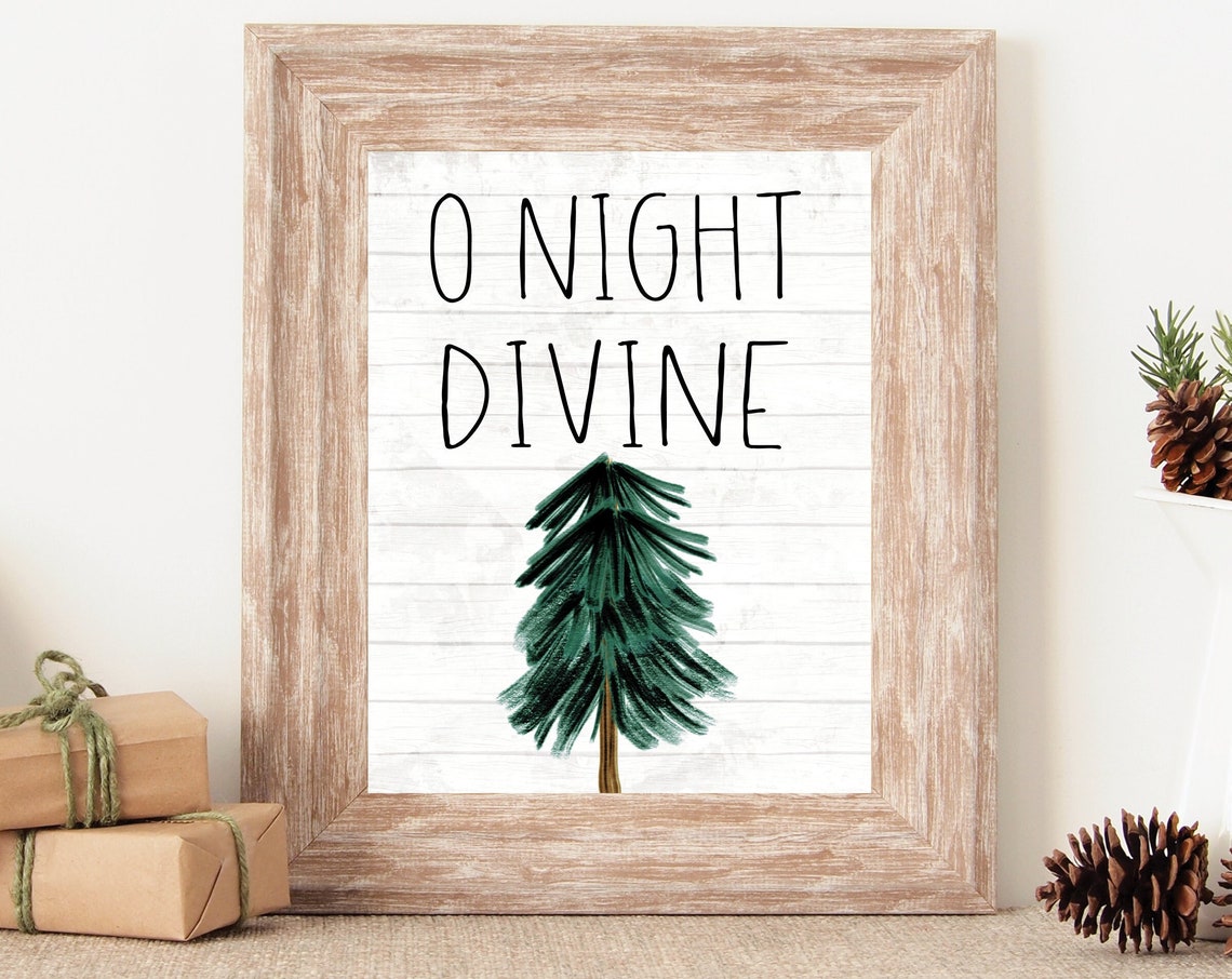 O Night Divine Christmas Tree Watercolor Farmhouse Wall Decor Poster