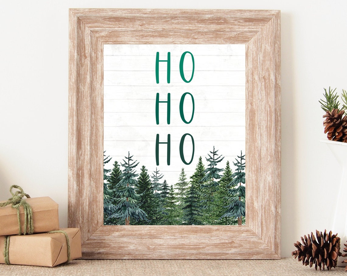 Ho Ho Ho Pine Tree Forest Farmhouse Christmas Holiday Wall Art