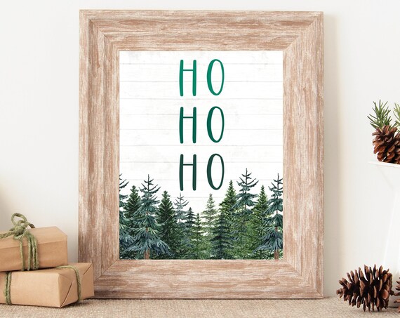 Ho Ho Ho Pine Tree Forest Farmhouse Christmas Holiday Wall Art