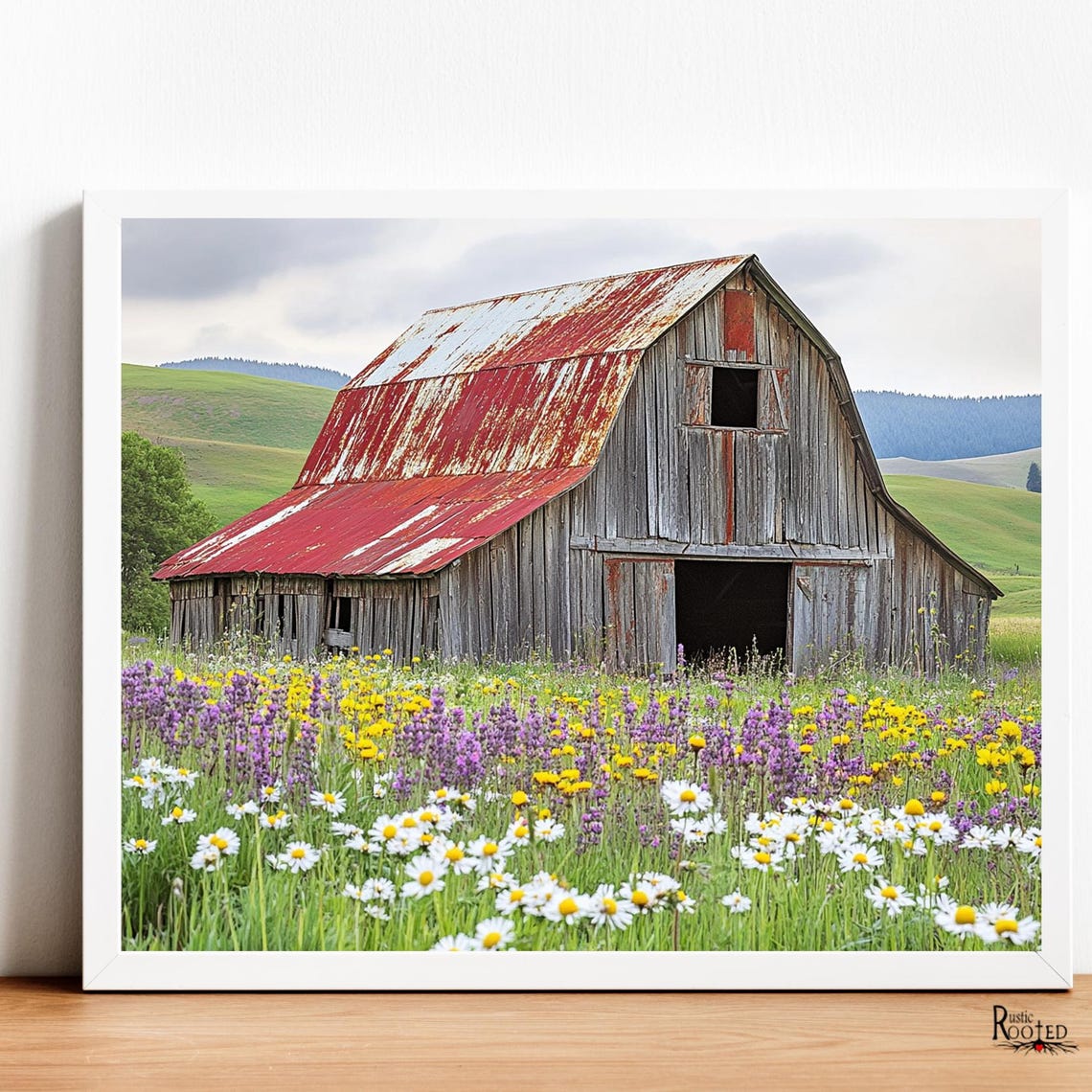 Rustic Red Barn Photo in Wildflower Meadow Country Farm Poster