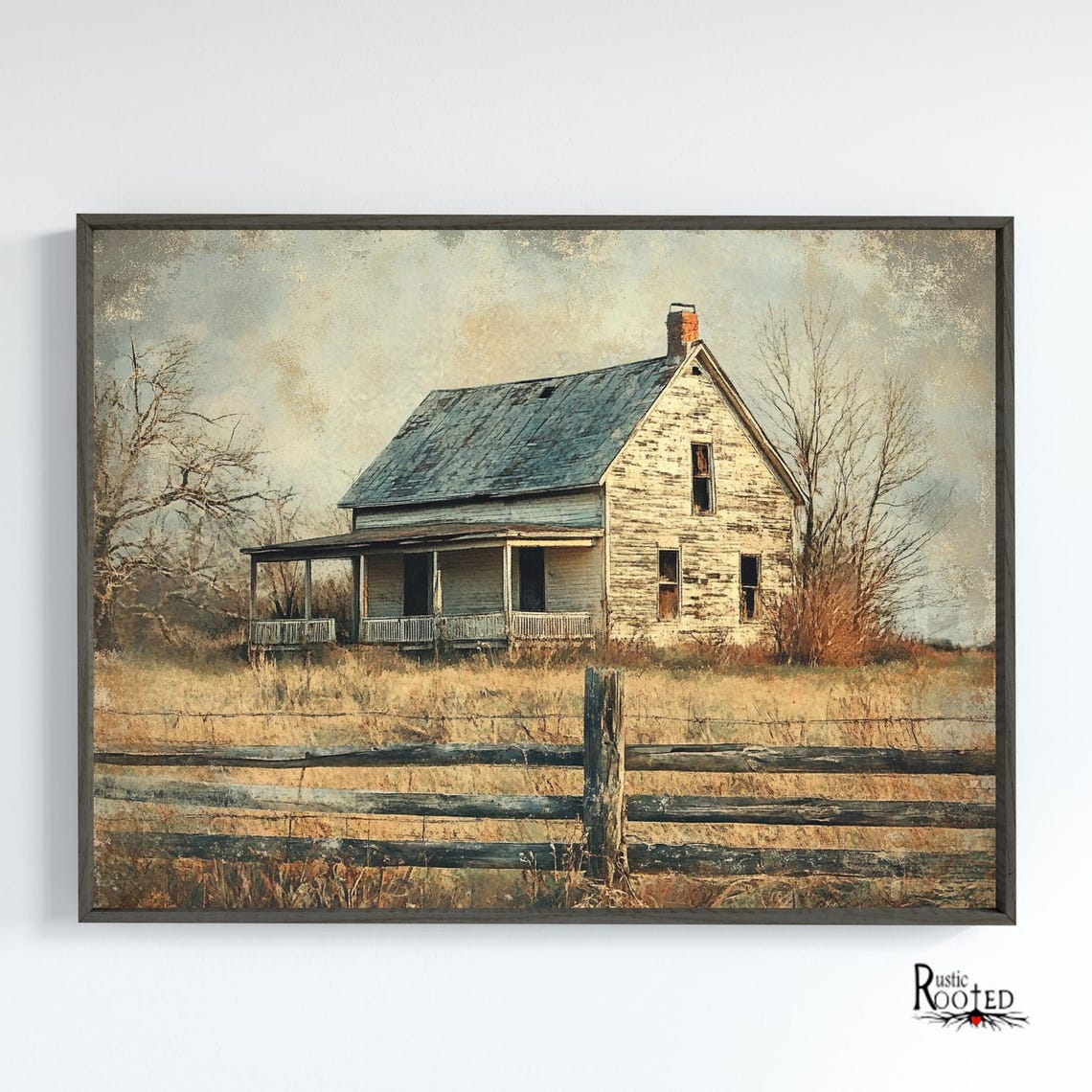Abandoned White Farmhouse with Porch Behind a Rustic Fence Poster