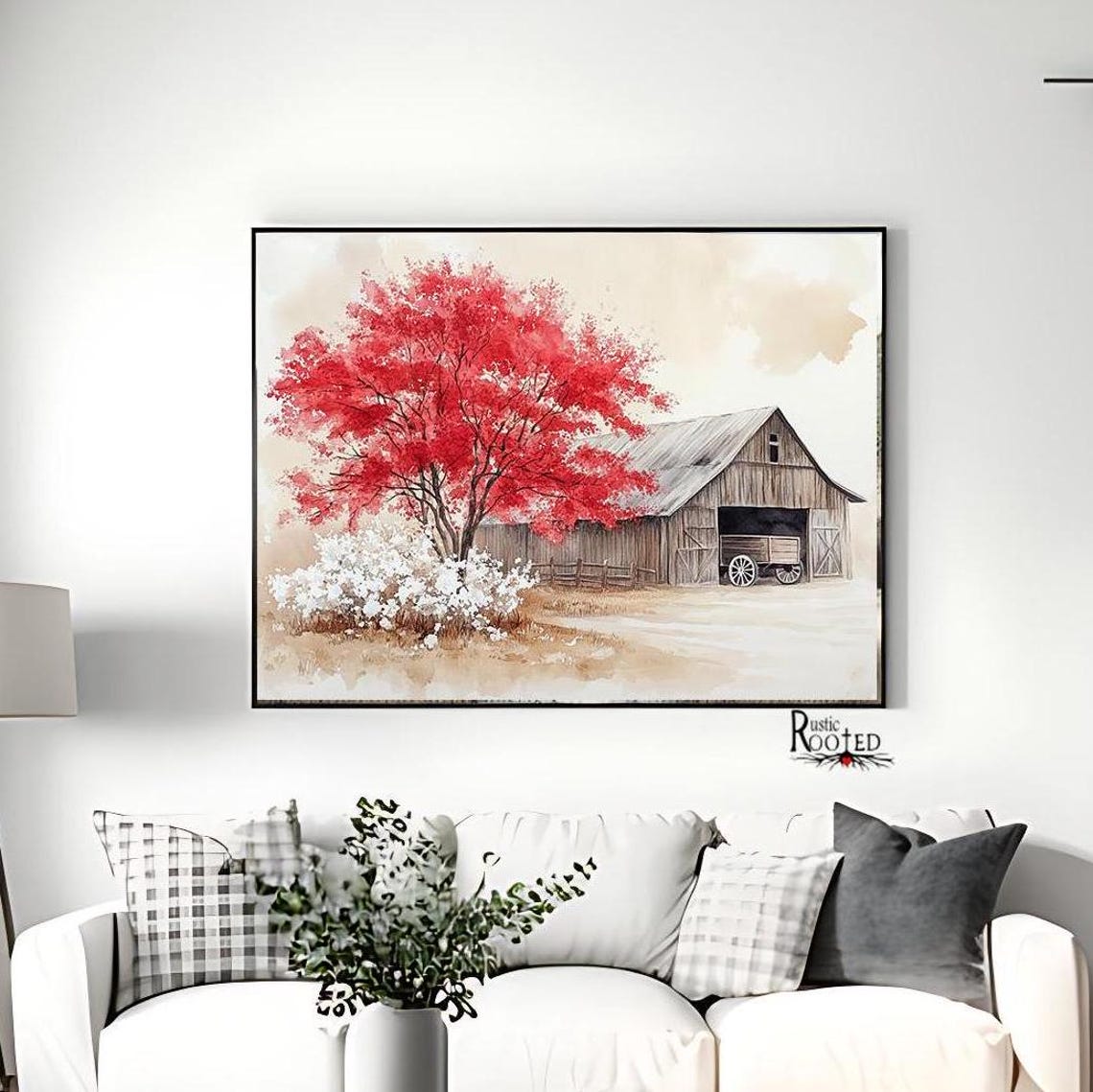 Red Blossom Tree and Barn with Wagon Watercolor Farm Art Poster
