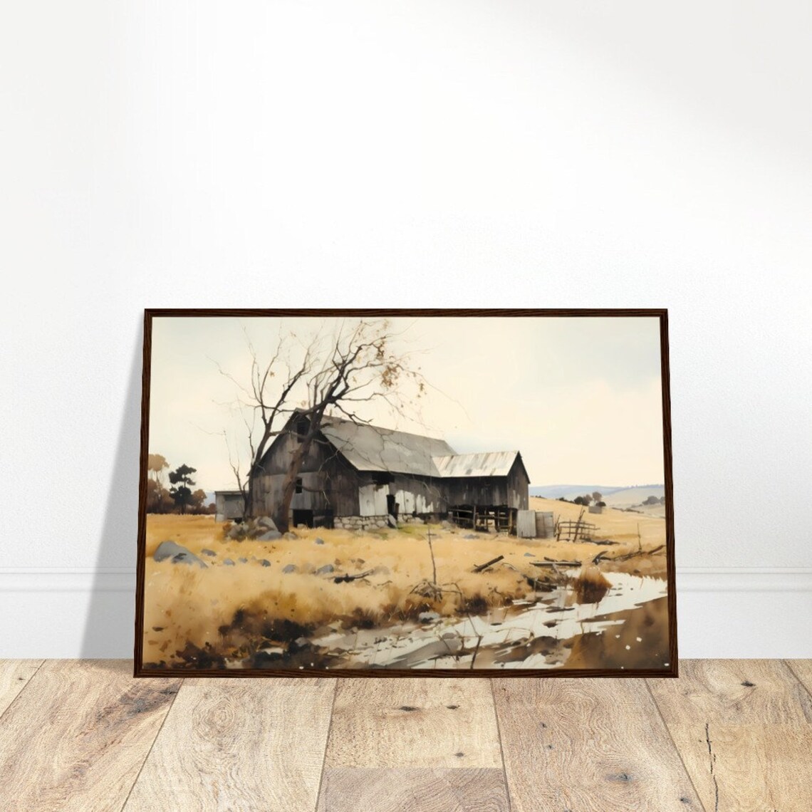 Weathered Barn Watercolor Painting in Golden Autumn Field Poster - Image 3