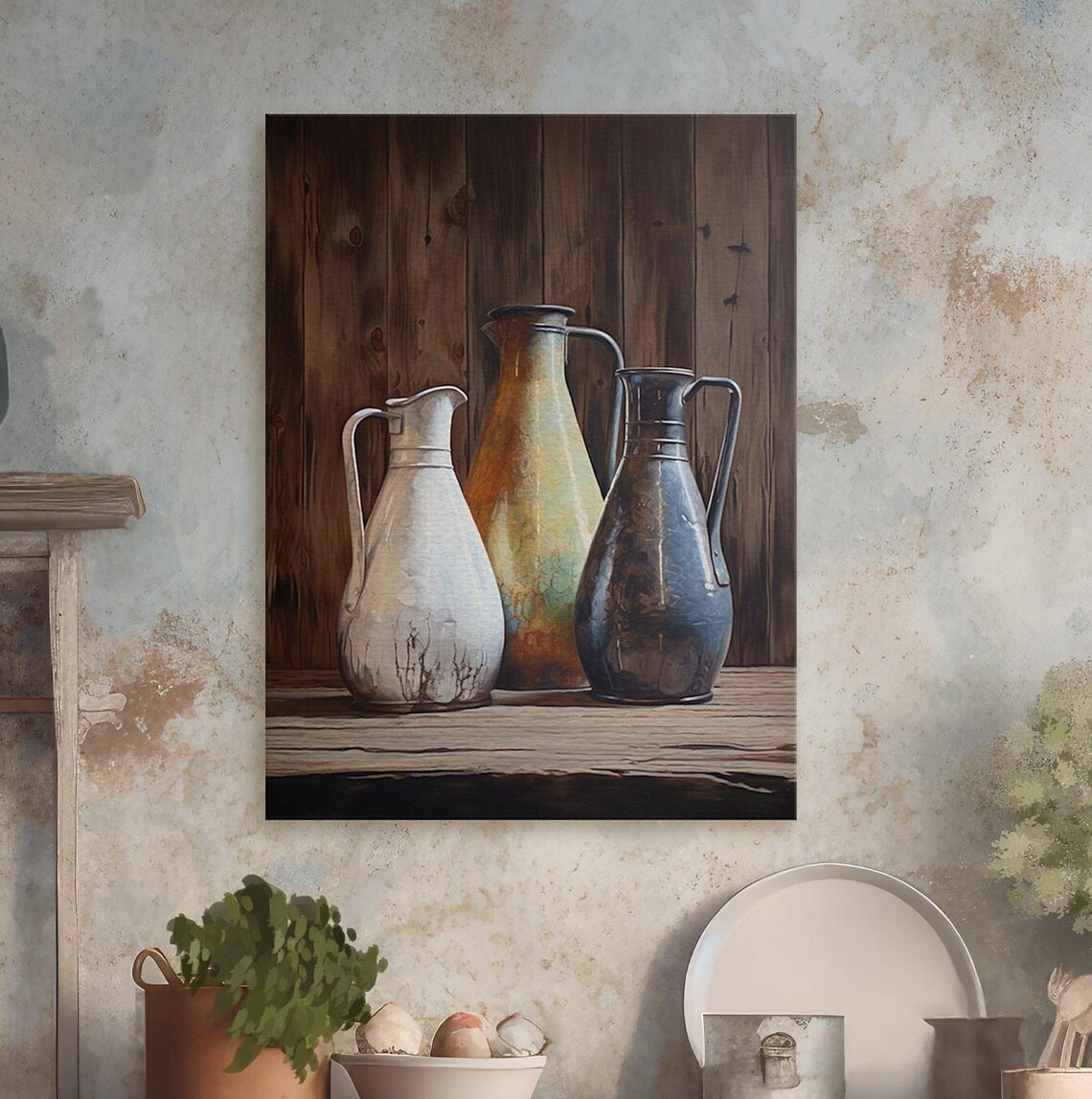 Still Life Painting of Three Vintage Pitchers on Wood Poster