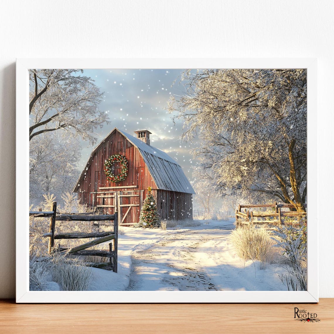 Red Barn in Snow with Christmas Wreath and Frosty Trees Poster - Image 3