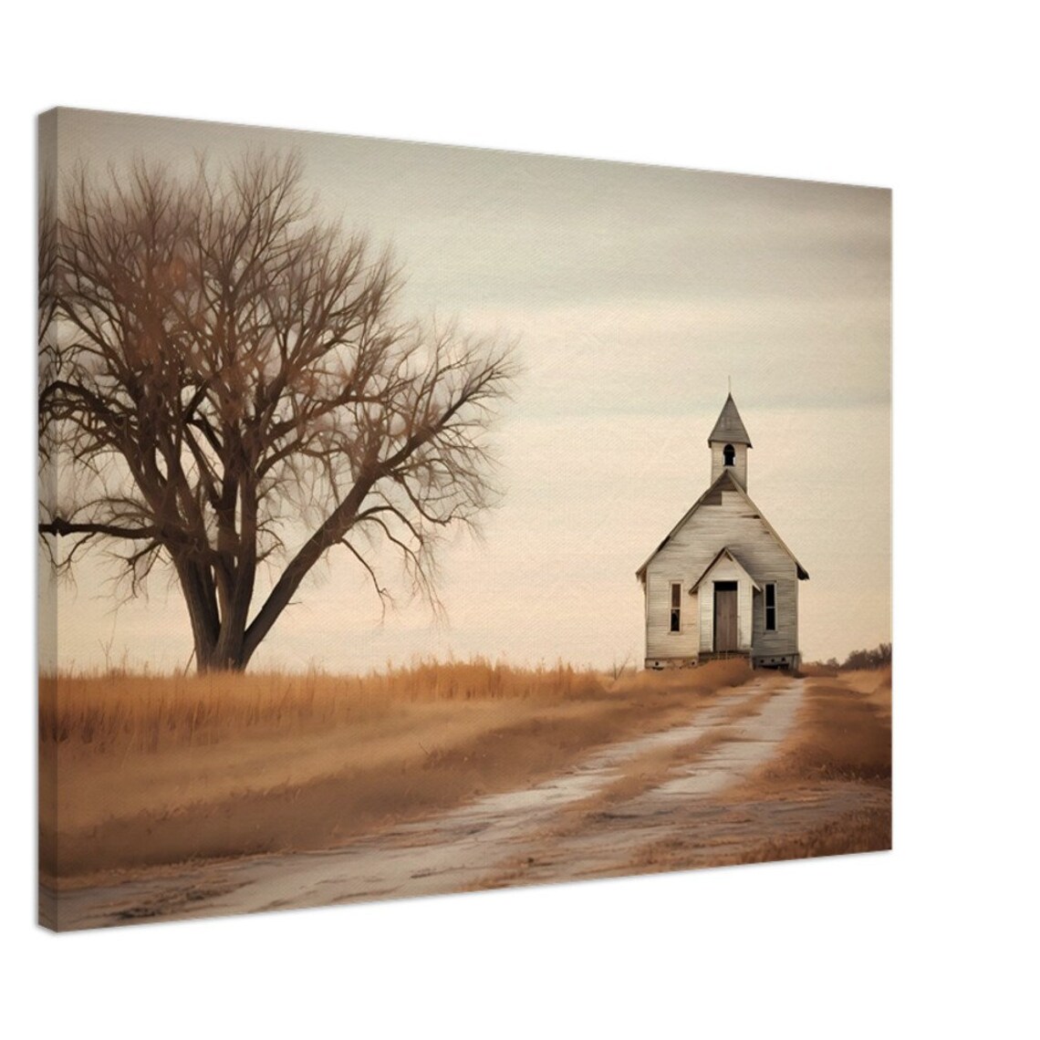 Small White Country Church with Bare Tree in Golden Field Poster - Image 2
