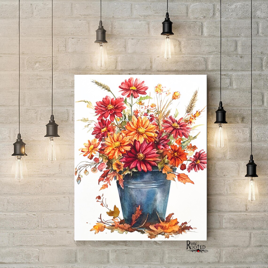 Watercolor Fall Flowers in a Blue Bucket Bouquet Painting Poster - Image 4