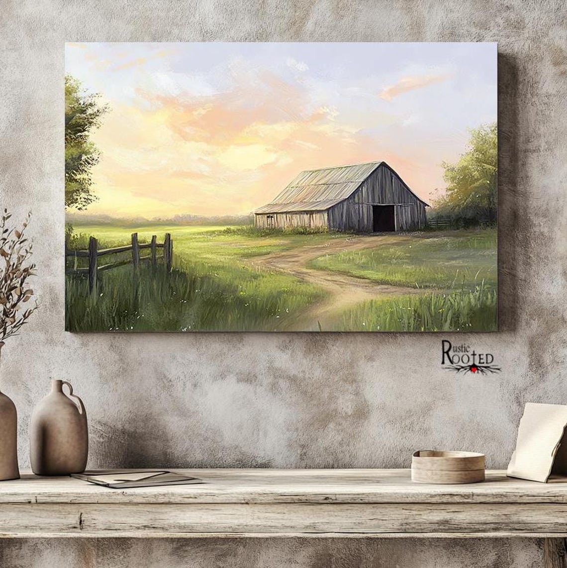 Weathered Old Barn at Sunrise Countryside Farm Landscape Poster - Image 4