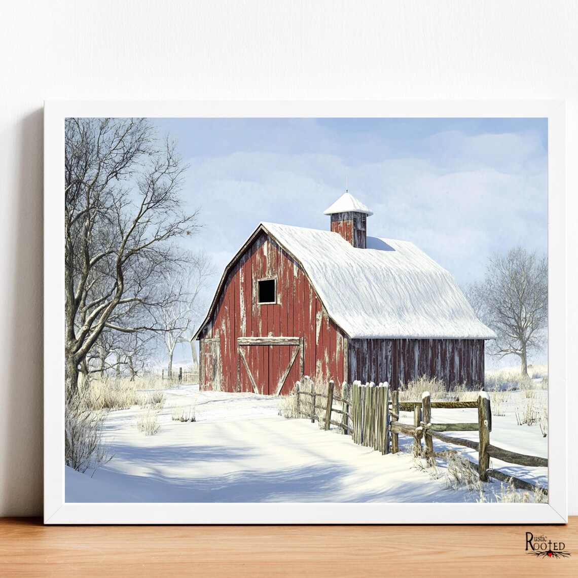 Red Barn with Cupola in Fresh Snow Beside a Wooden Fence Poster - Image 3