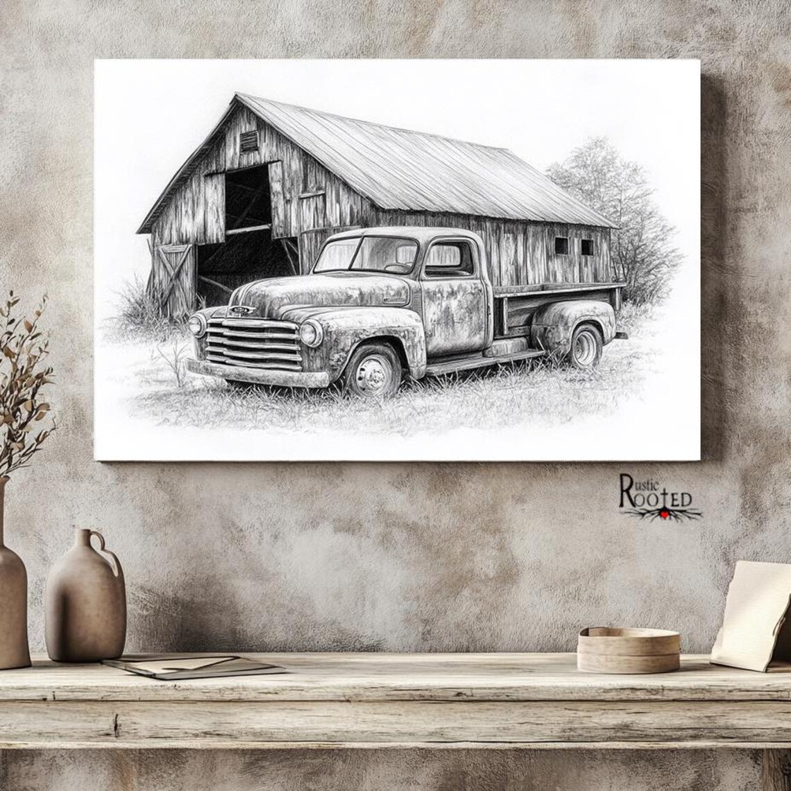 Old Country Barn & Vintage Truck Charcoal Art Print