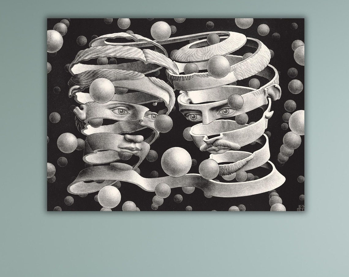 M C Escher Bond of Union 1956 Spiral Heads Optical Illusion Art Poster