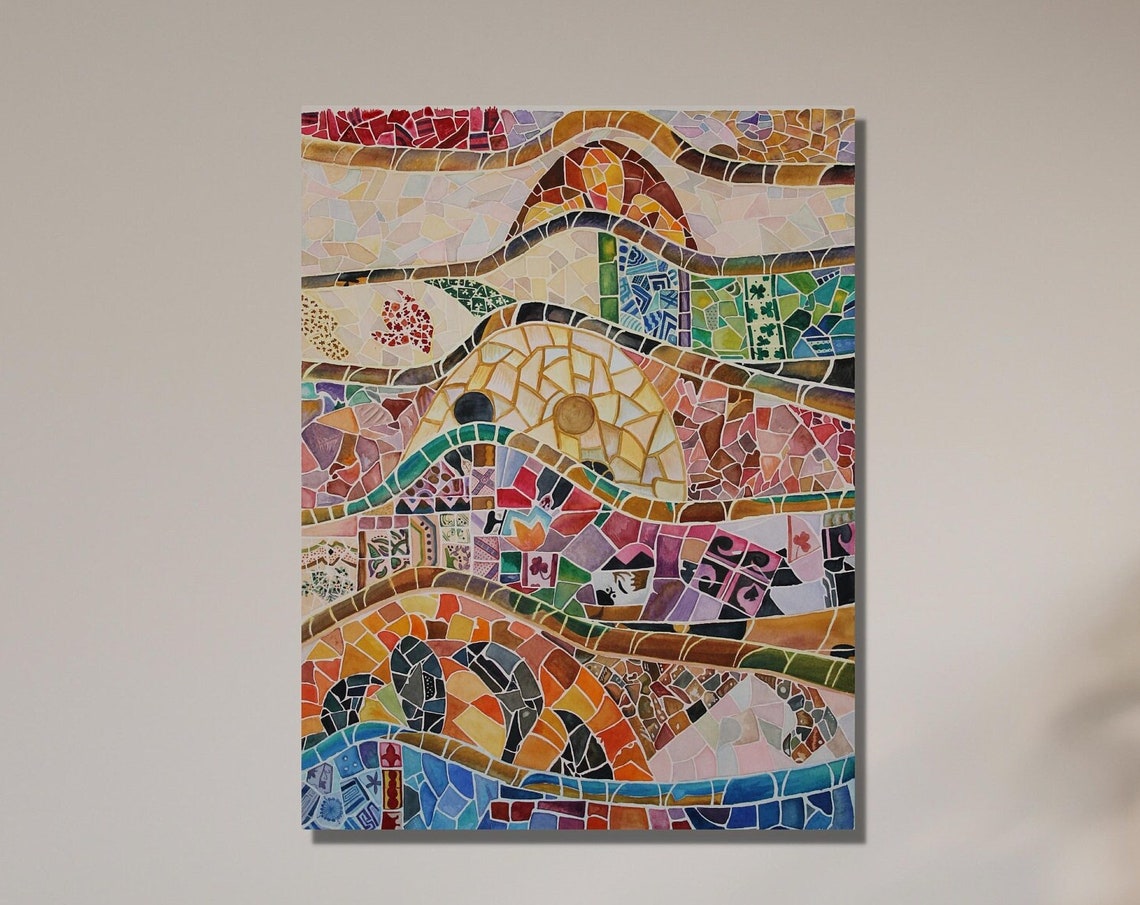 Antoni Gaudi Style Trencadis Mosaic Colorful Wave Art Poster