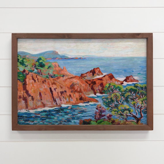 Red Rocky Coast Seascape Vintage Oil Painting Reproduction Print