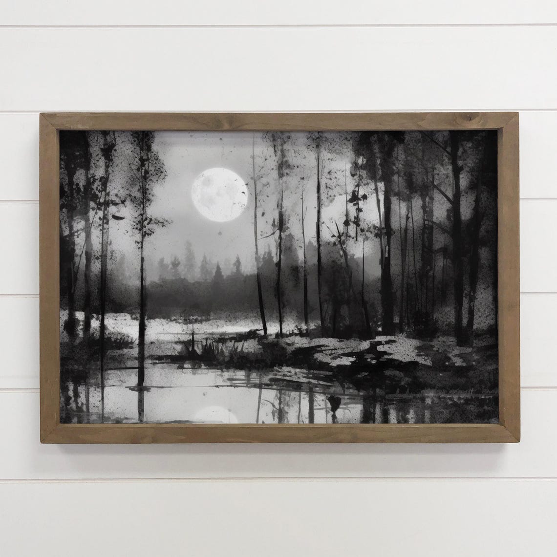 Black and White Full Moon Forest Lake Night Ink Wash Art Poster